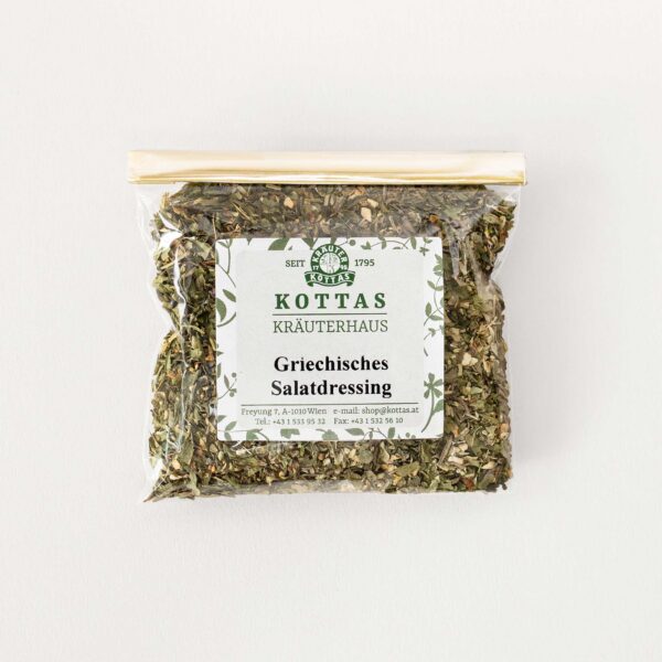 Transparente Packung mit KOTTAS Kräuterhaus Griechisches Salatdressing.